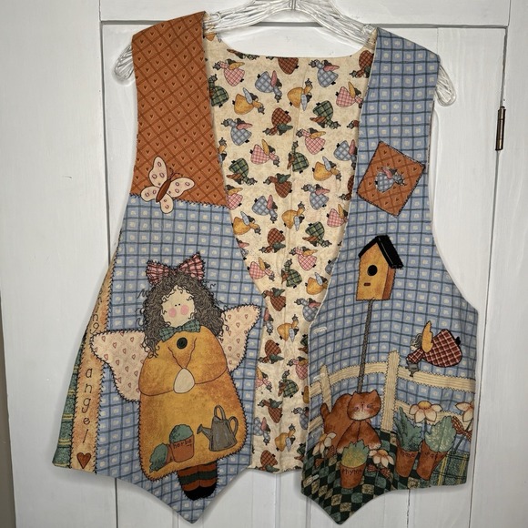 Jackets & Blazers - Gardening Angel Button Vest Decorative Multicolor Bird House Cat Herbs Print